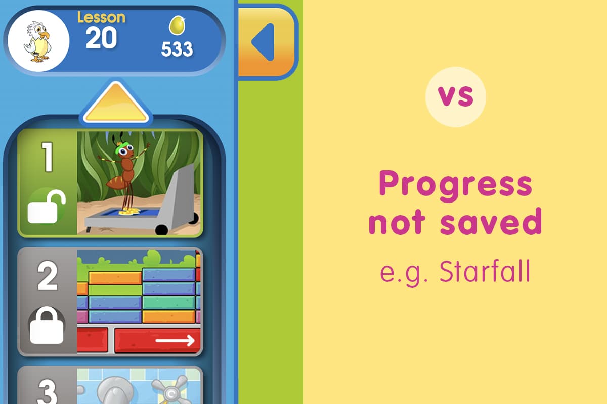 Reading Eggs vs Starfall - Reading Eggs remembers your child's progress