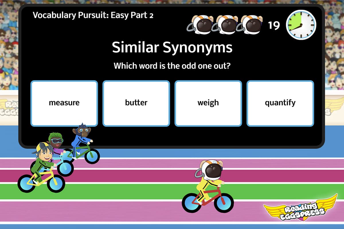 Screenshot of the Vocabulary Pursuit contest in the Reading Eggspress Stadium where children test their vocabulary knowledge in a fun race to the finish line