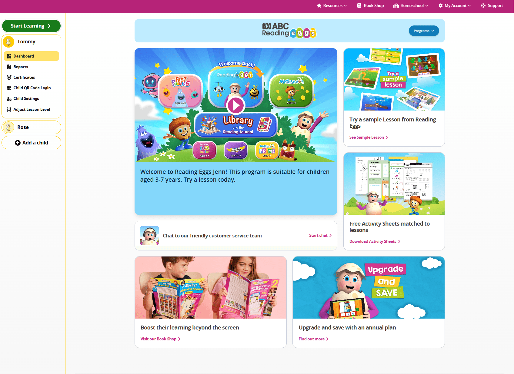 Screenshot of the Reading Eggs Family Dashboard. Each child's profile has a login and their access settings can be customised.