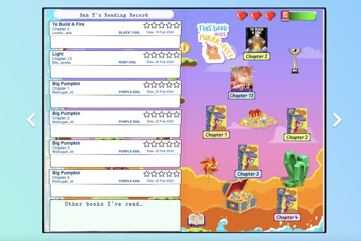 Screenshot of the Reading Eggs online reading journal for kids