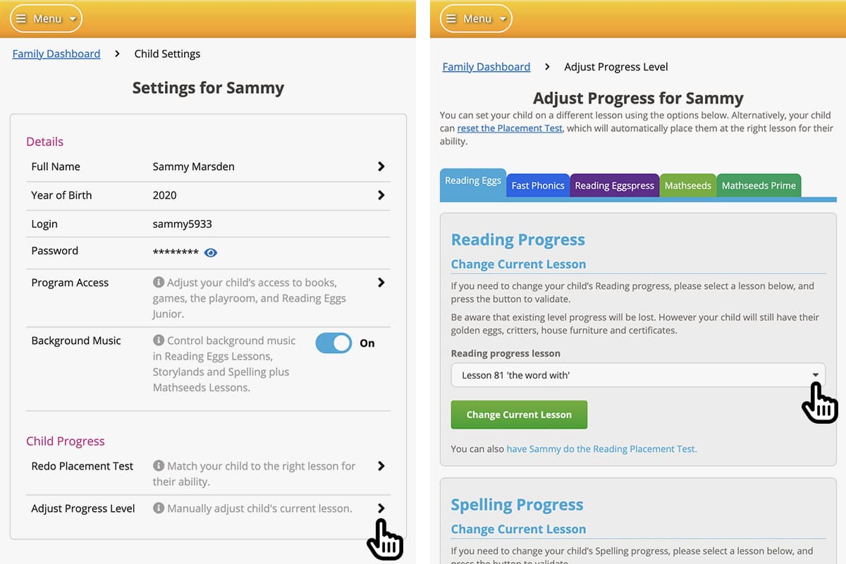 screenshot of the Adjust Progress Level area of the Reading Eggs Family Dashboard