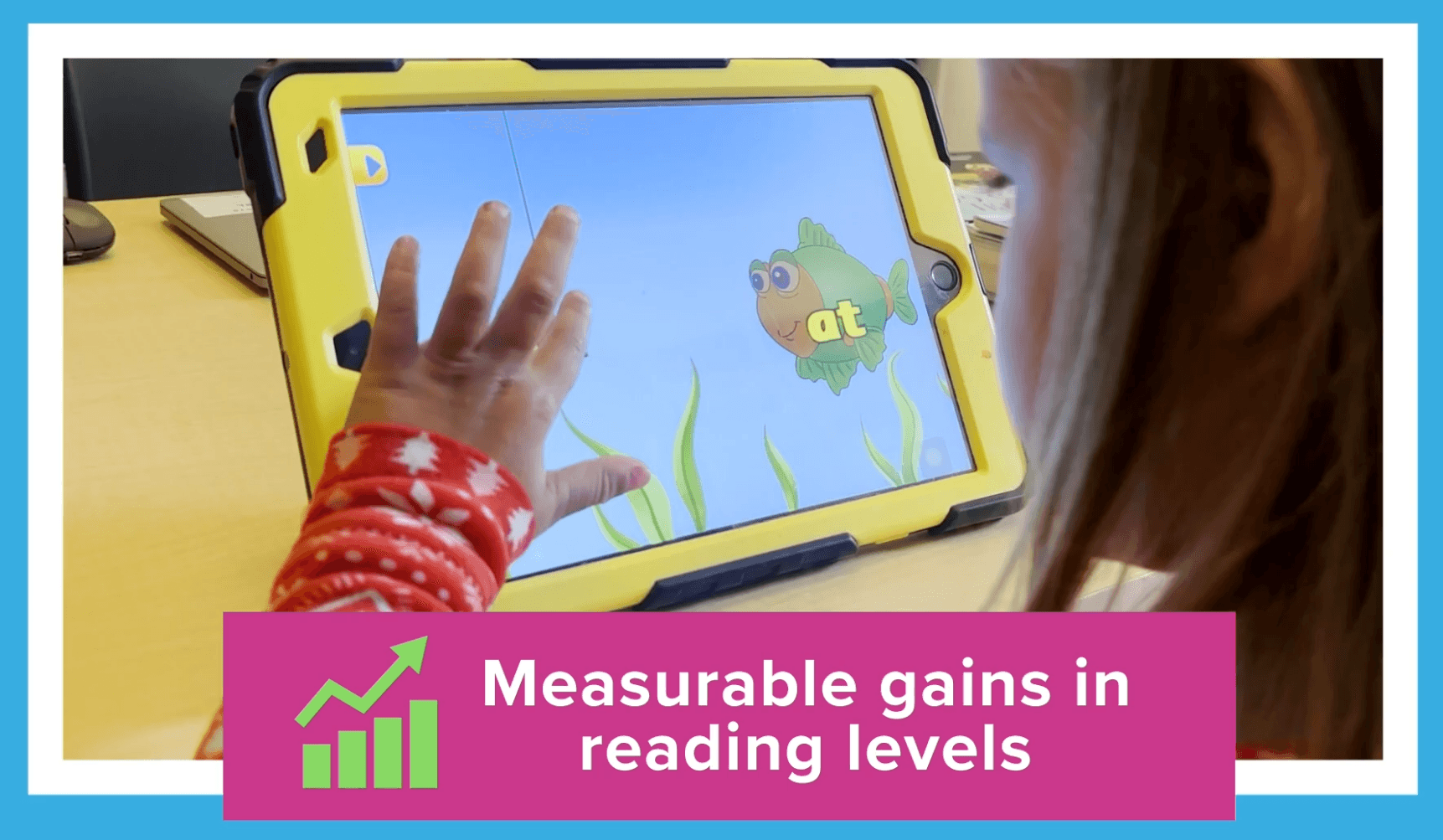 Child engaging with a Reading Eggs phonics activity on a tablet, illustrating measurable gains in reading levels