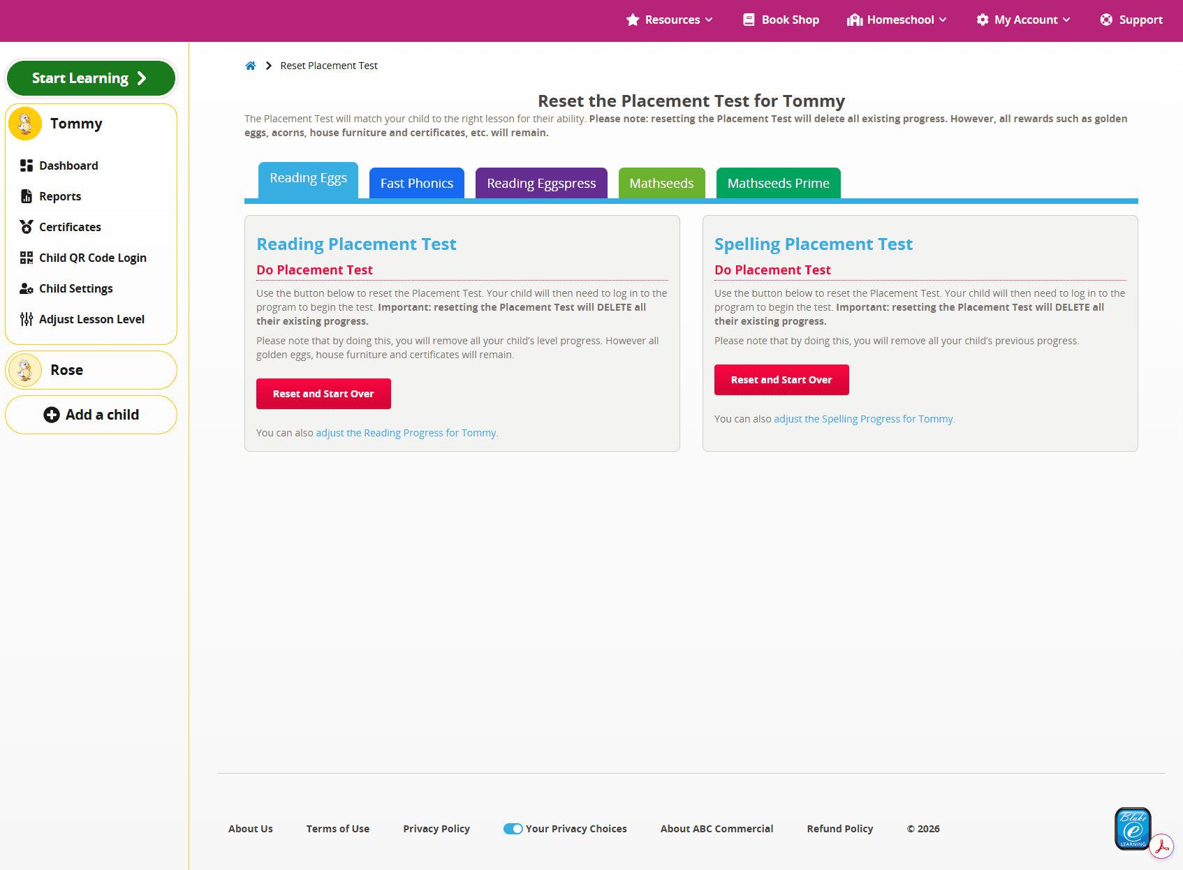 screenshot of the Reset Placement Test area of the Reading Eggs Family Dashboard
