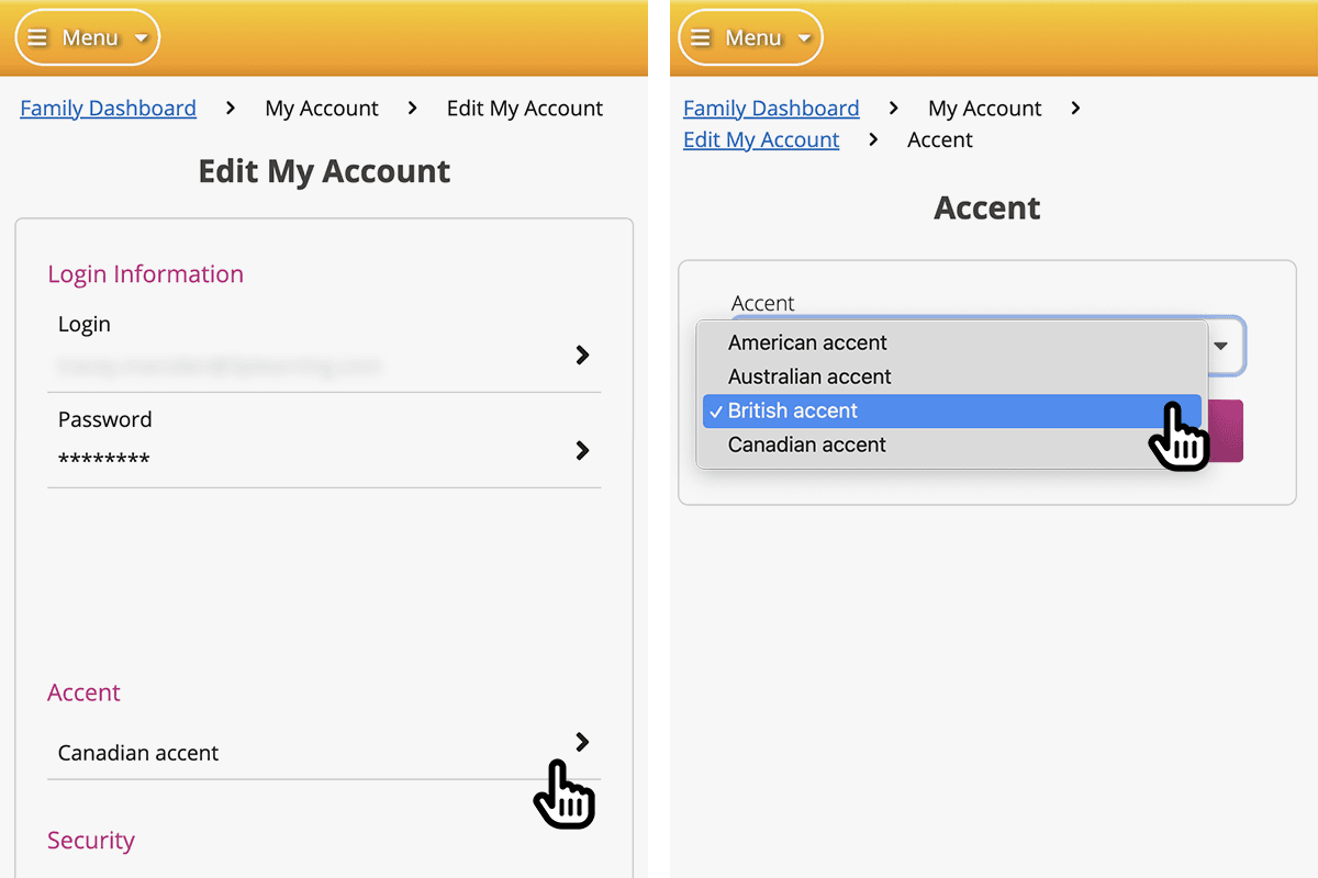 How to change your account’s accent settings in Reading Eggs